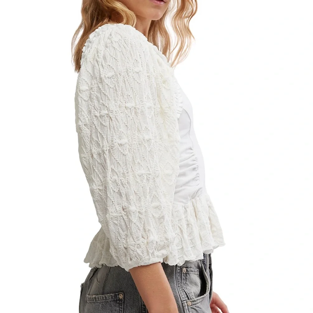 NWT Free People Oliva Contrast Stitch Knit Top Optic White Sz L